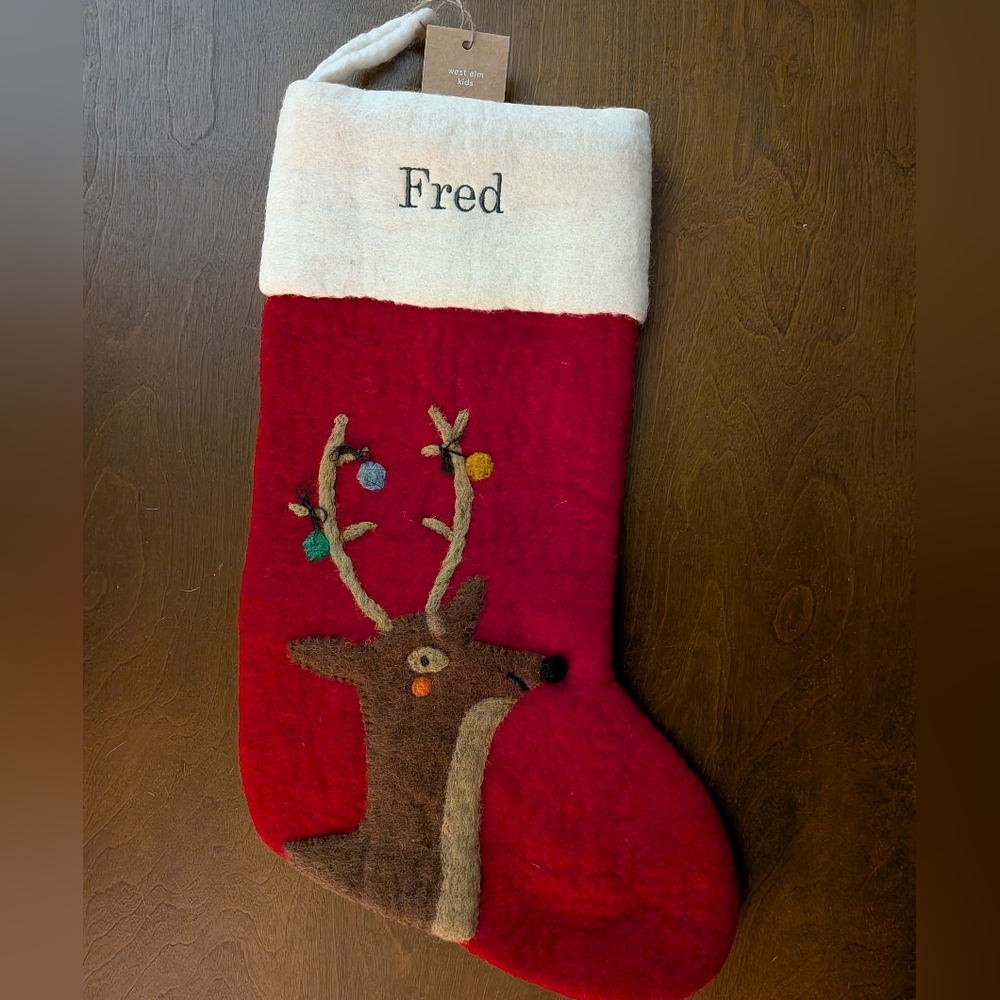 Red and Cream Holiday Reindeer Stocking, NWT